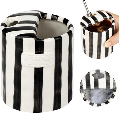 Novelty Ceramic Coffee Mug with Sip Hole, Retro Striped Hand-Painted Design | 10oz Cute Espresso Cup, Microwave & Dishwasher Safe, Non-slip, Ideal for Travel, Home & Office, Gift for Coffee Lovers