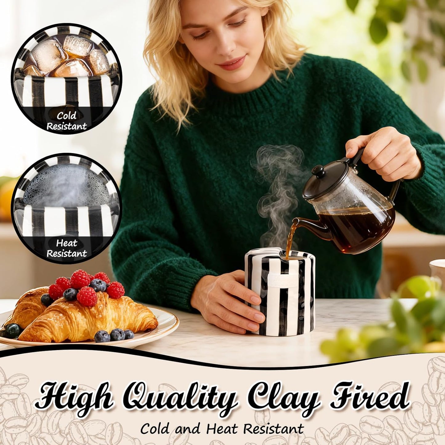 Novelty Ceramic Coffee Mug with Sip Hole, Retro Striped Hand-Painted Design | 10oz Cute Espresso Cup, Microwave & Dishwasher Safe, Non-slip, Ideal for Travel, Home & Office, Gift for Coffee Lovers