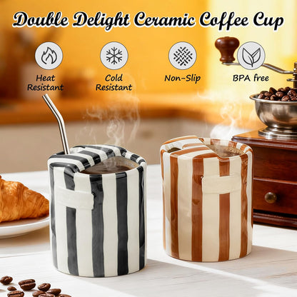 Novelty Ceramic Coffee Mug with Sip Hole, Retro Striped Hand-Painted Design | 10oz Cute Espresso Cup, Microwave & Dishwasher Safe, Non-slip, Ideal for Travel, Home & Office, Gift for Coffee Lovers