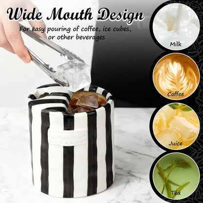Novelty Ceramic Coffee Mug with Sip Hole, Retro Striped Hand-Painted Design | 10oz Cute Espresso Cup, Microwave & Dishwasher Safe, Non-slip, Ideal for Travel, Home & Office, Gift for Coffee Lovers