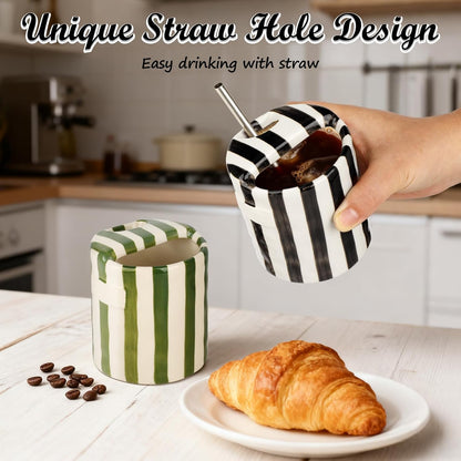 Novelty Ceramic Coffee Mug with Sip Hole, Retro Striped Hand-Painted Design | 10oz Cute Espresso Cup, Microwave & Dishwasher Safe, Non-slip, Ideal for Travel, Home & Office, Gift for Coffee Lovers