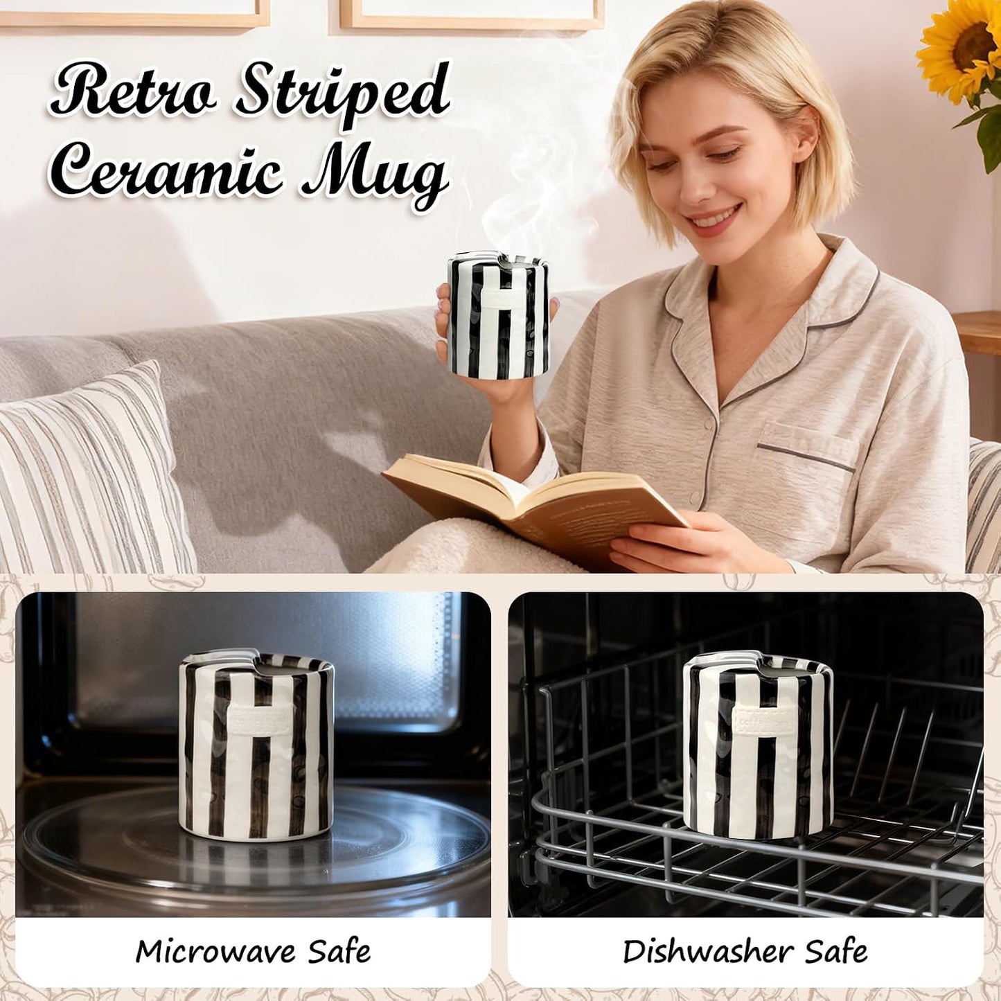 Novelty Ceramic Coffee Mug with Sip Hole, Retro Striped Hand-Painted Design | 10oz Cute Espresso Cup, Microwave & Dishwasher Safe, Non-slip, Ideal for Travel, Home & Office, Gift for Coffee Lovers