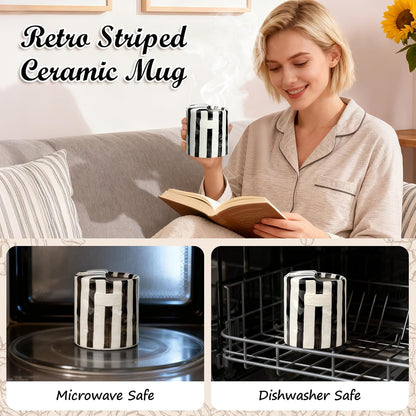 Novelty Ceramic Coffee Mug with Sip Hole, Retro Striped Hand-Painted Design | 10oz Cute Espresso Cup, Microwave & Dishwasher Safe, Non-slip, Ideal for Travel, Home & Office, Gift for Coffee Lovers
