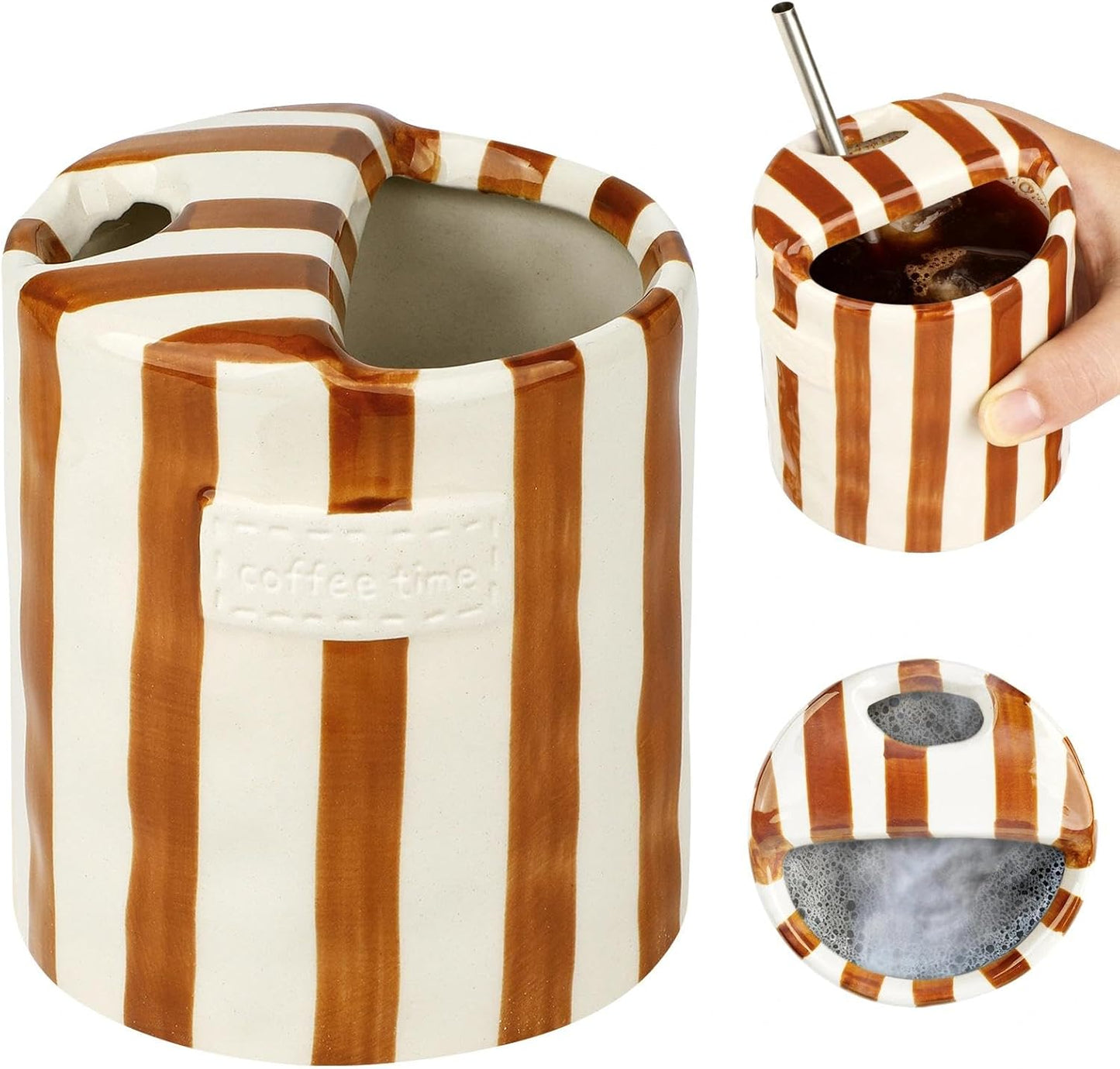Novelty Ceramic Coffee Mug with Sip Hole, Retro Striped Hand-Painted Design | 10oz Cute Espresso Cup, Microwave & Dishwasher Safe, Non-slip, Ideal for Travel, Home & Office, Gift for Coffee Lovers