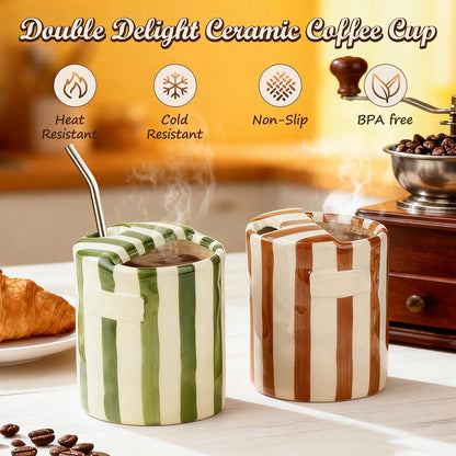 Novelty Ceramic Coffee Mug with Sip Hole, Retro Striped Hand-Painted Design | 10oz Cute Espresso Cup, Microwave & Dishwasher Safe, Non-slip, Ideal for Travel, Home & Office, Gift for Coffee Lovers