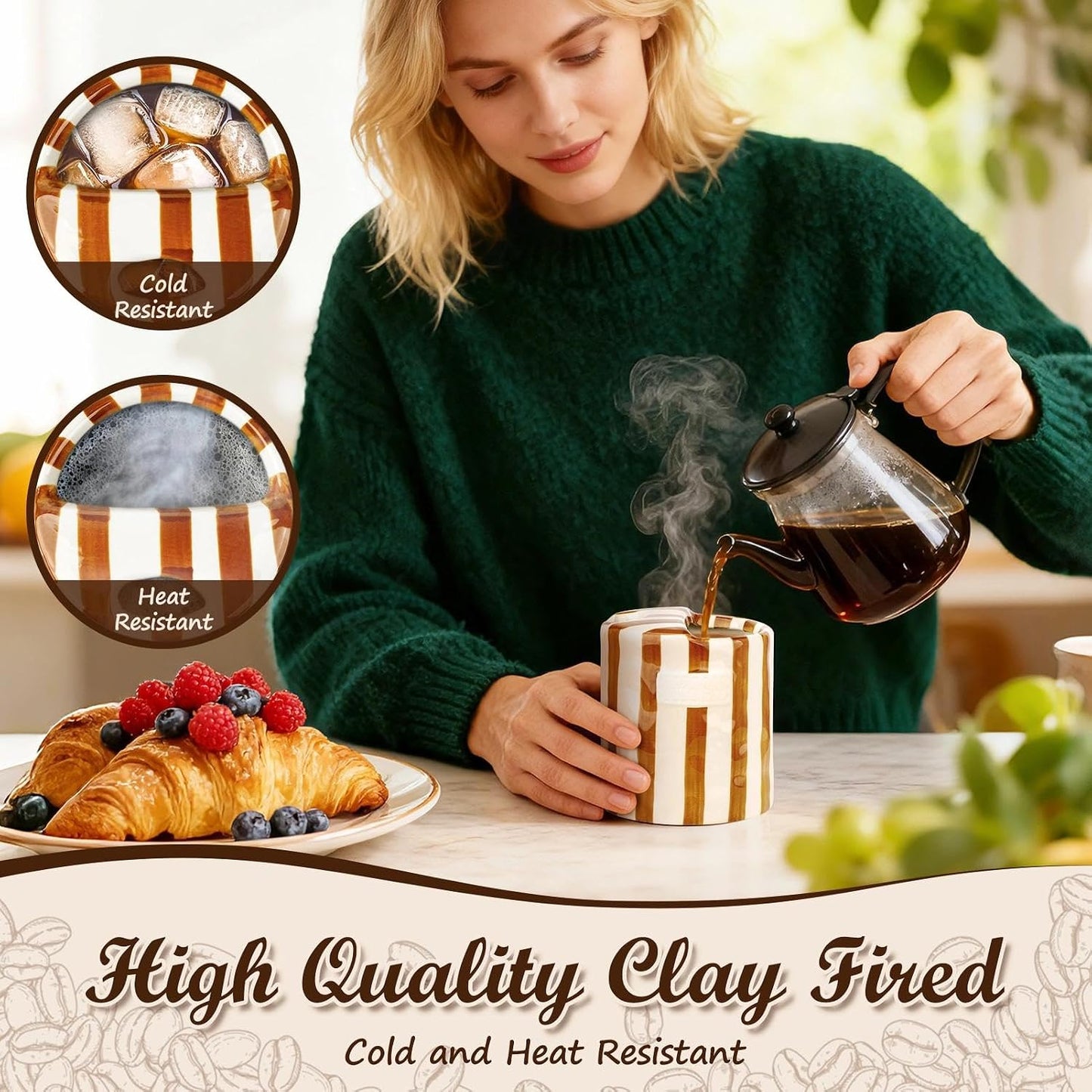 Novelty Ceramic Coffee Mug with Sip Hole, Retro Striped Hand-Painted Design | 10oz Cute Espresso Cup, Microwave & Dishwasher Safe, Non-slip, Ideal for Travel, Home & Office, Gift for Coffee Lovers