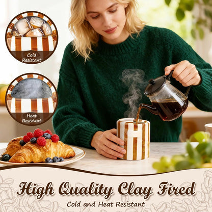 Novelty Ceramic Coffee Mug with Sip Hole, Retro Striped Hand-Painted Design | 10oz Cute Espresso Cup, Microwave & Dishwasher Safe, Non-slip, Ideal for Travel, Home & Office, Gift for Coffee Lovers