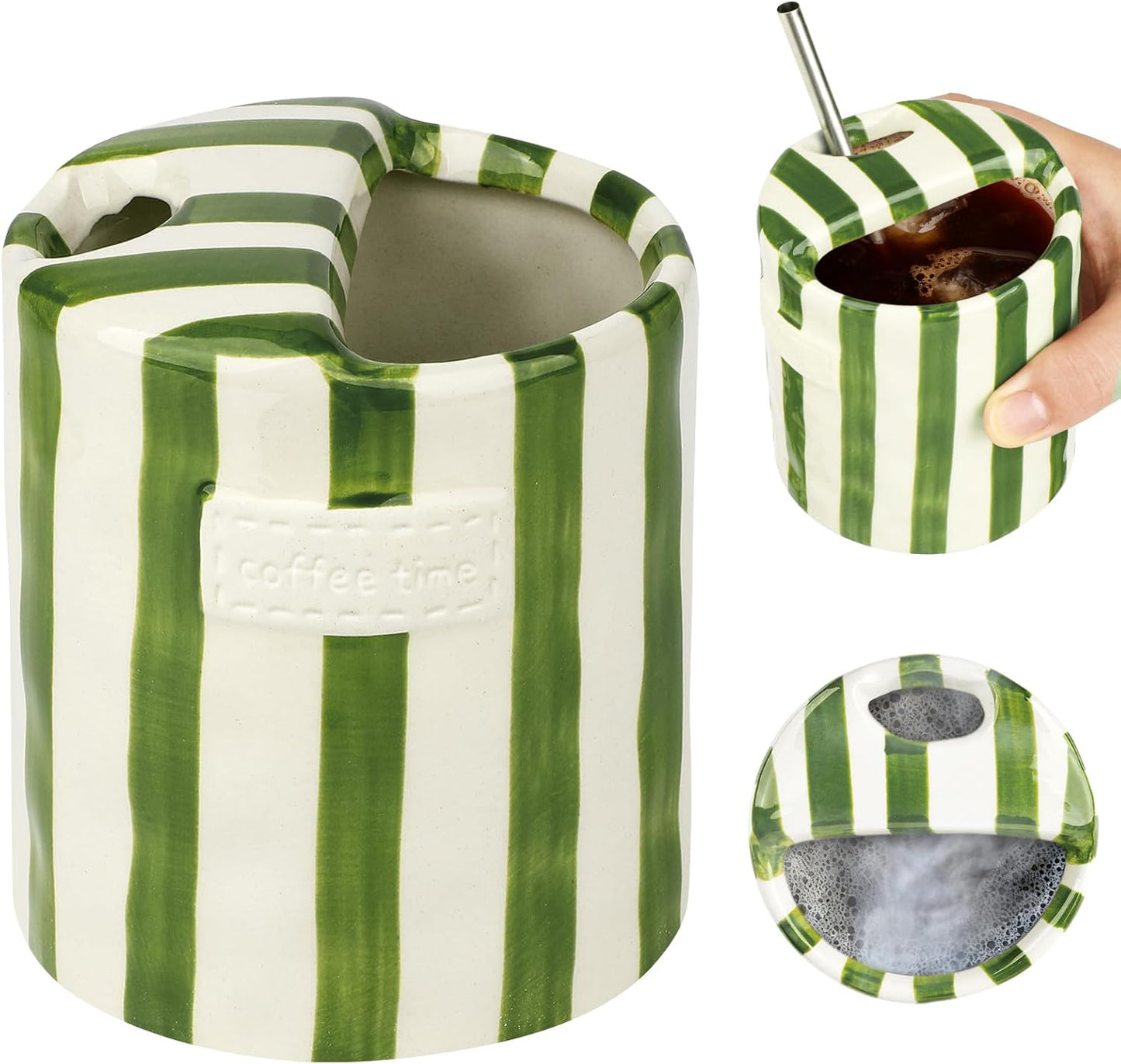 Novelty Ceramic Coffee Mug with Sip Hole, Retro Striped Hand-Painted Design | 10oz Cute Espresso Cup, Microwave & Dishwasher Safe, Non-slip, Ideal for Travel, Home & Office, Gift for Coffee Lovers