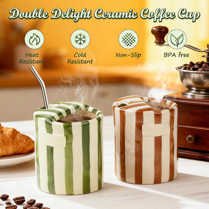 Novelty Ceramic Coffee Mug with Sip Hole, Retro Striped Hand-Painted Design | 10oz Cute Espresso Cup, Microwave & Dishwasher Safe, Non-slip, Ideal for Travel, Home & Office, Gift for Coffee Lovers