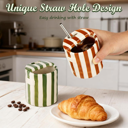 Novelty Ceramic Coffee Mug with Sip Hole, Retro Striped Hand-Painted Design | 10oz Cute Espresso Cup, Microwave & Dishwasher Safe, Non-slip, Ideal for Travel, Home & Office, Gift for Coffee Lovers