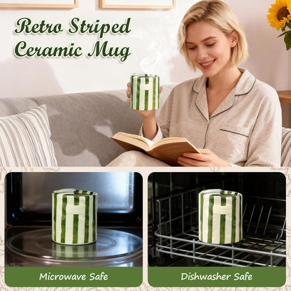 Novelty Ceramic Coffee Mug with Sip Hole, Retro Striped Hand-Painted Design | 10oz Cute Espresso Cup, Microwave & Dishwasher Safe, Non-slip, Ideal for Travel, Home & Office, Gift for Coffee Lovers