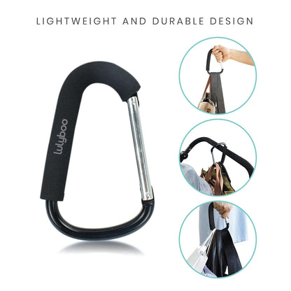Multi-Use Metal Organizer Hook - Heavy-Duty Stroller, Diaper Bag & Purse Carabiner with Spring-Loaded Closure, EVA Grip, Black - Lightweight, Versatile, Holds Up to 99 lbs