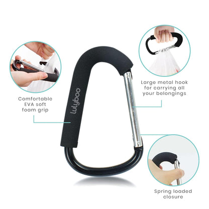 Multi-Use Metal Organizer Hook - Heavy-Duty Stroller, Diaper Bag & Purse Carabiner with Spring-Loaded Closure, EVA Grip, Black - Lightweight, Versatile, Holds Up to 99 lbs