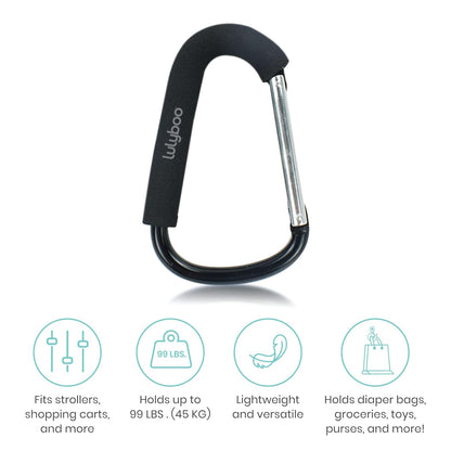 Multi-Use Metal Organizer Hook - Heavy-Duty Stroller, Diaper Bag & Purse Carabiner with Spring-Loaded Closure, EVA Grip, Black - Lightweight, Versatile, Holds Up to 99 lbs