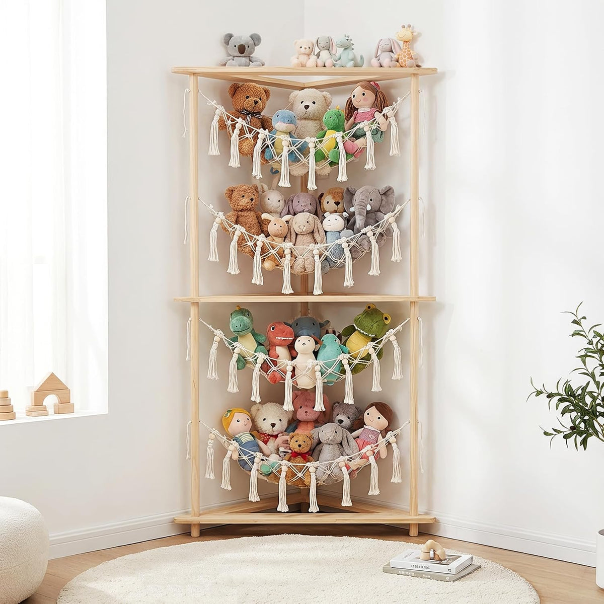 Wooden Corner Stuffed Animal Storage Organizer, 4-Tier Boho Macrame Toy Hammock Display Shelf, Free-Standing Open-Access Teddy Bear Zoo Holder for Nursery, Playroom & Kids Bedroom