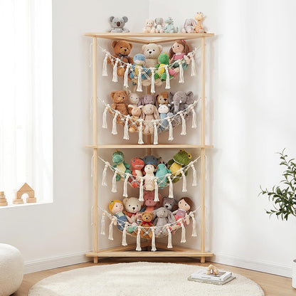 Wooden Corner Stuffed Animal Storage Organizer, 4-Tier Boho Macrame Toy Hammock Display Shelf, Free-Standing Open-Access Teddy Bear Zoo Holder for Nursery, Playroom & Kids Bedroom