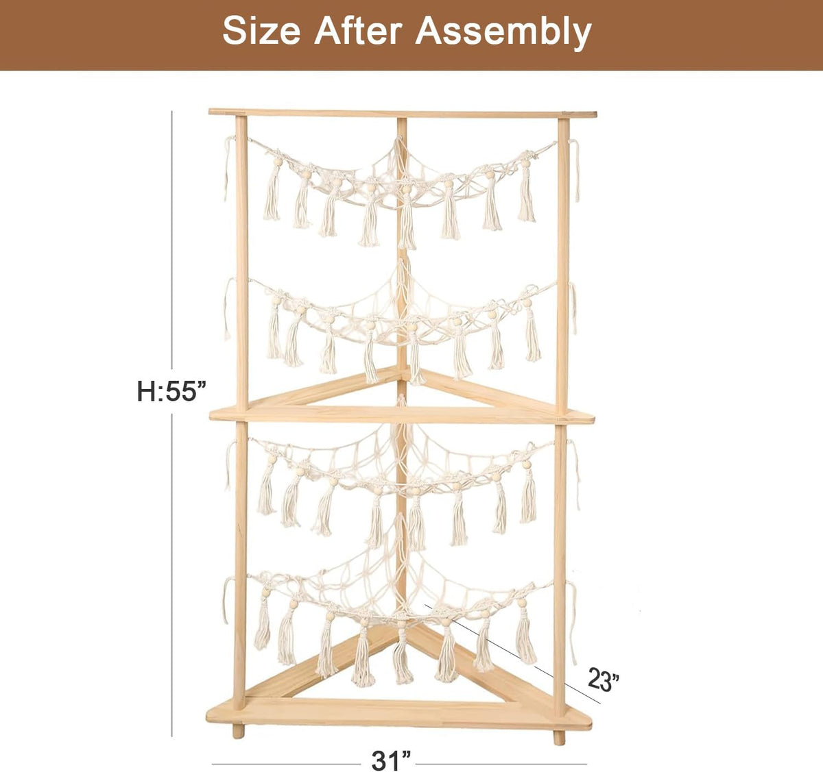 Wooden Corner Stuffed Animal Storage Organizer, 4-Tier Boho Macrame Toy Hammock Display Shelf, Free-Standing Open-Access Teddy Bear Zoo Holder for Nursery, Playroom & Kids Bedroom