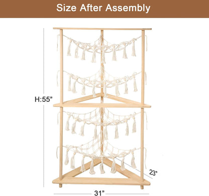 Wooden Corner Stuffed Animal Storage Organizer, 4-Tier Boho Macrame Toy Hammock Display Shelf, Free-Standing Open-Access Teddy Bear Zoo Holder for Nursery, Playroom & Kids Bedroom