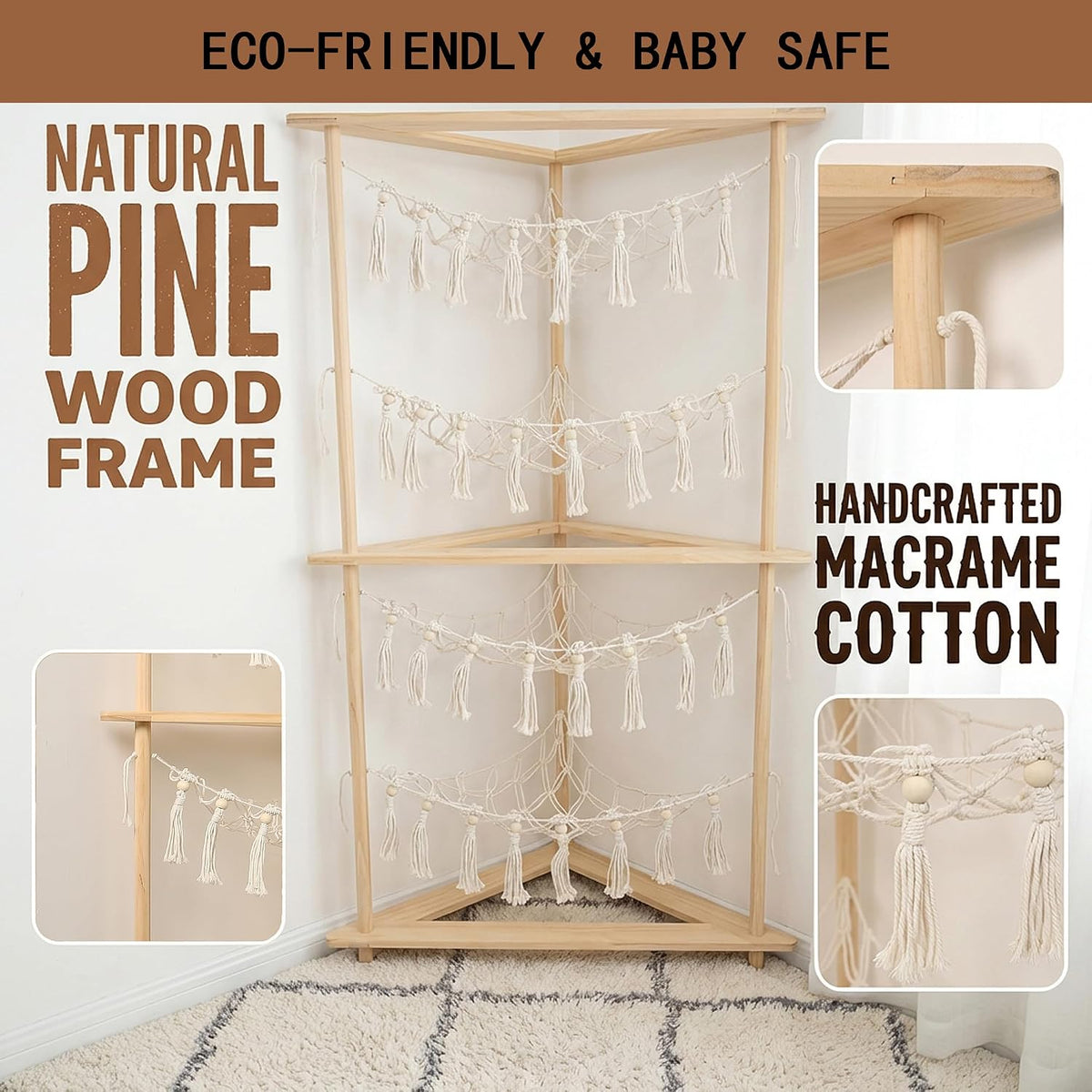Wooden Corner Stuffed Animal Storage Organizer, 4-Tier Boho Macrame Toy Hammock Display Shelf, Free-Standing Open-Access Teddy Bear Zoo Holder for Nursery, Playroom & Kids Bedroom