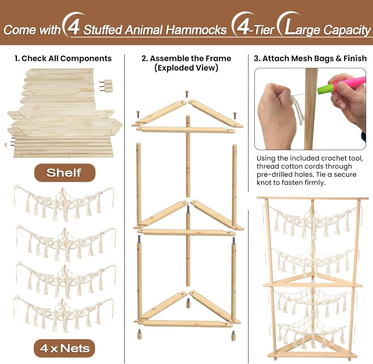 Wooden Corner Stuffed Animal Storage Organizer, 4-Tier Boho Macrame Toy Hammock Display Shelf, Free-Standing Open-Access Teddy Bear Zoo Holder for Nursery, Playroom & Kids Bedroom