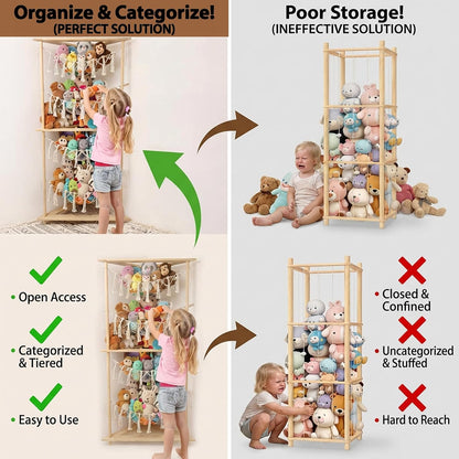 Wooden Corner Stuffed Animal Storage Organizer, 4-Tier Boho Macrame Toy Hammock Display Shelf, Free-Standing Open-Access Teddy Bear Zoo Holder for Nursery, Playroom & Kids Bedroom