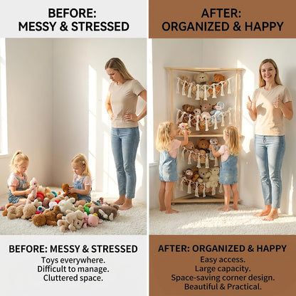 Wooden Corner Stuffed Animal Storage Organizer, 4-Tier Boho Macrame Toy Hammock Display Shelf, Free-Standing Open-Access Teddy Bear Zoo Holder for Nursery, Playroom & Kids Bedroom