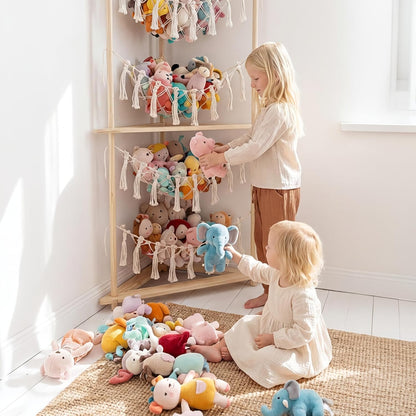 Wooden Corner Stuffed Animal Storage Organizer, 4-Tier Boho Macrame Toy Hammock Display Shelf, Free-Standing Open-Access Teddy Bear Zoo Holder for Nursery, Playroom & Kids Bedroom