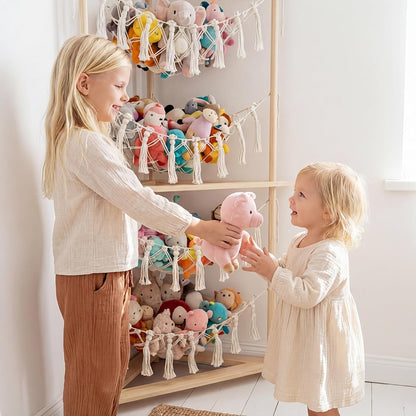 Wooden Corner Stuffed Animal Storage Organizer, 4-Tier Boho Macrame Toy Hammock Display Shelf, Free-Standing Open-Access Teddy Bear Zoo Holder for Nursery, Playroom & Kids Bedroom