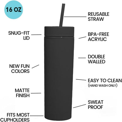Skinny Tumblers with Lids and Straws Bulk.Matte Multi Slim Tumbler Cups with Straws.16 oz Plastic Pastel Double Walled Acrylic Skinny Tumbler Set for Smoothie Ice Coffee.Customizable DIY Gift.