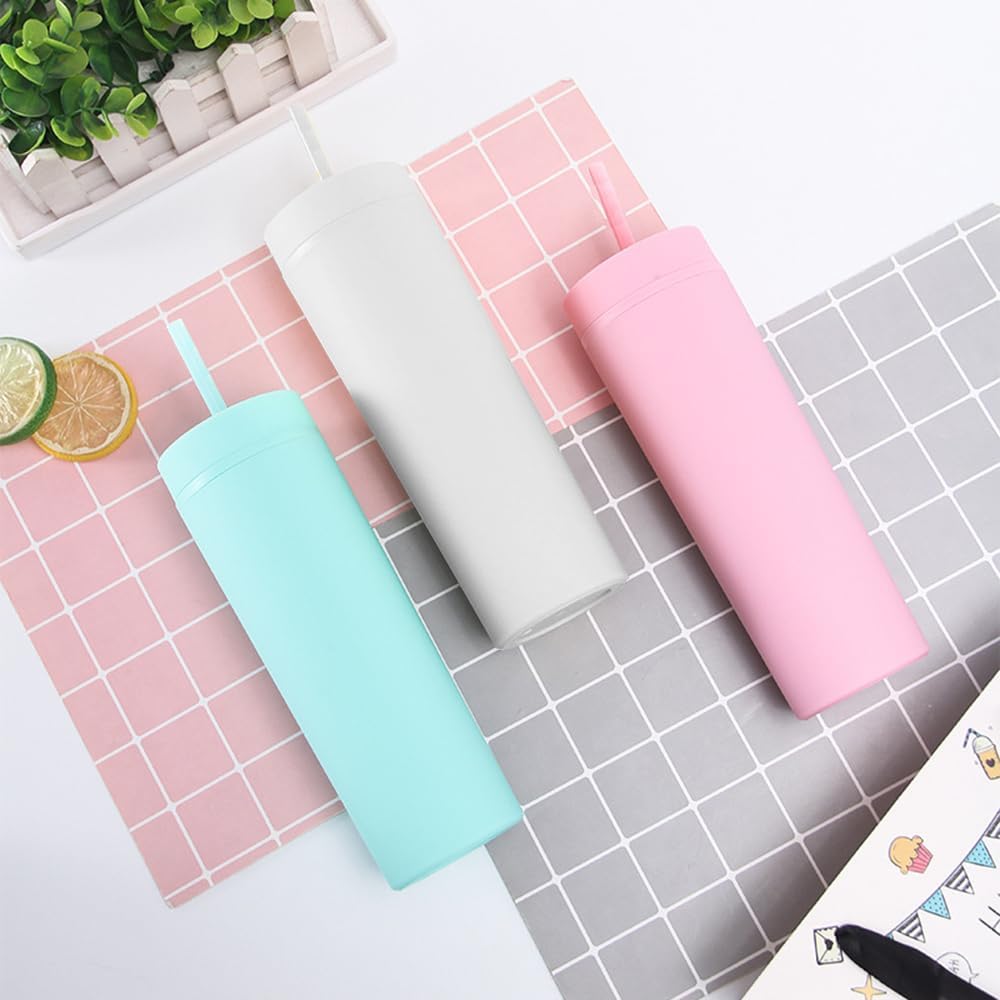 Skinny Tumblers with Lids and Straws Bulk.Matte Multi Slim Tumbler Cups with Straws.16 oz Plastic Pastel Double Walled Acrylic Skinny Tumbler Set for Smoothie Ice Coffee.Customizable DIY Gift.