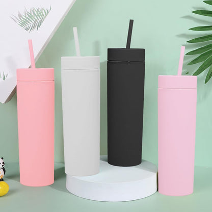 Skinny Tumblers with Lids and Straws Bulk.Matte Multi Slim Tumbler Cups with Straws.16 oz Plastic Pastel Double Walled Acrylic Skinny Tumbler Set for Smoothie Ice Coffee.Customizable DIY Gift.