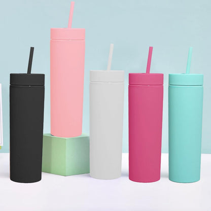 Skinny Tumblers with Lids and Straws Bulk.Matte Multi Slim Tumbler Cups with Straws.16 oz Plastic Pastel Double Walled Acrylic Skinny Tumbler Set for Smoothie Ice Coffee.Customizable DIY Gift.
