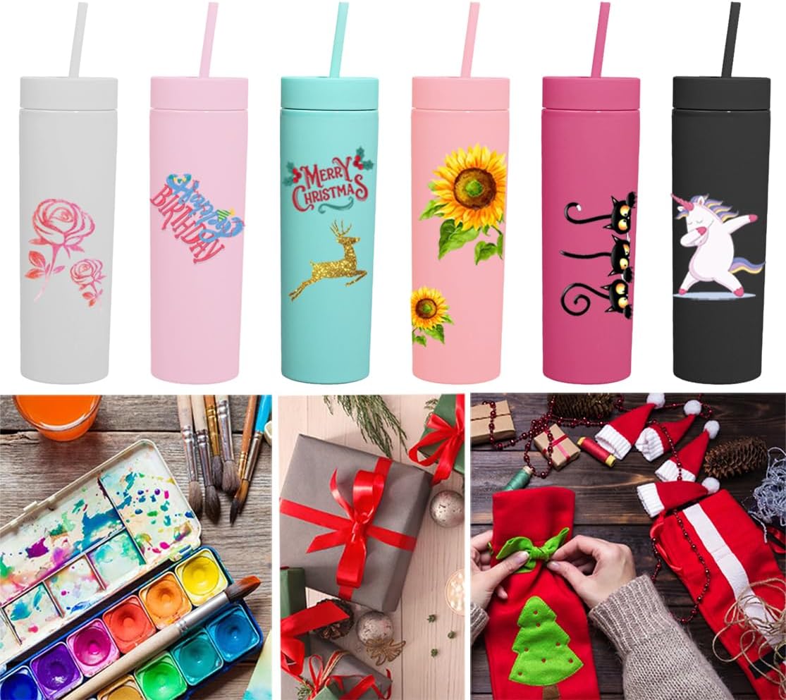 Skinny Tumblers with Lids and Straws Bulk.Matte Multi Slim Tumbler Cups with Straws.16 oz Plastic Pastel Double Walled Acrylic Skinny Tumbler Set for Smoothie Ice Coffee.Customizable DIY Gift.