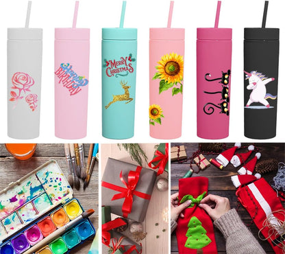 Skinny Tumblers with Lids and Straws Bulk.Matte Multi Slim Tumbler Cups with Straws.16 oz Plastic Pastel Double Walled Acrylic Skinny Tumbler Set for Smoothie Ice Coffee.Customizable DIY Gift.