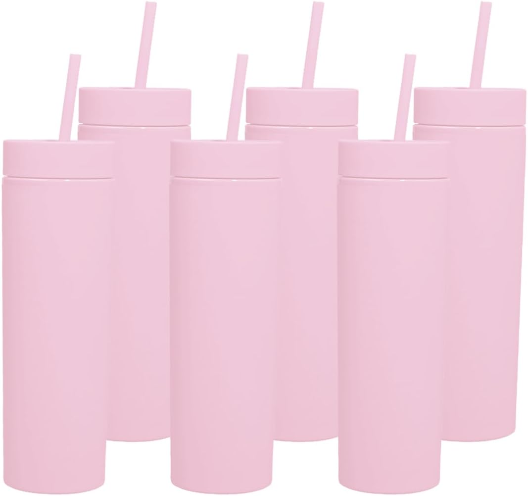 Skinny Tumblers with Lids and Straws Bulk.Matte Multi Slim Tumbler Cups with Straws.16 oz Plastic Pastel Double Walled Acrylic Skinny Tumbler Set for Smoothie Ice Coffee.Customizable DIY Gift.