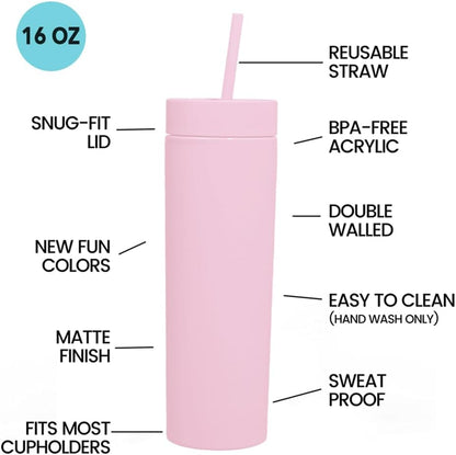 Skinny Tumblers with Lids and Straws Bulk.Matte Multi Slim Tumbler Cups with Straws.16 oz Plastic Pastel Double Walled Acrylic Skinny Tumbler Set for Smoothie Ice Coffee.Customizable DIY Gift.