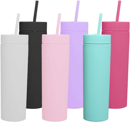 Skinny Tumblers with Lids and Straws Bulk.Matte Multi Slim Tumbler Cups with Straws.16 oz Plastic Pastel Double Walled Acrylic Skinny Tumbler Set for Smoothie Ice Coffee.Customizable DIY Gift.