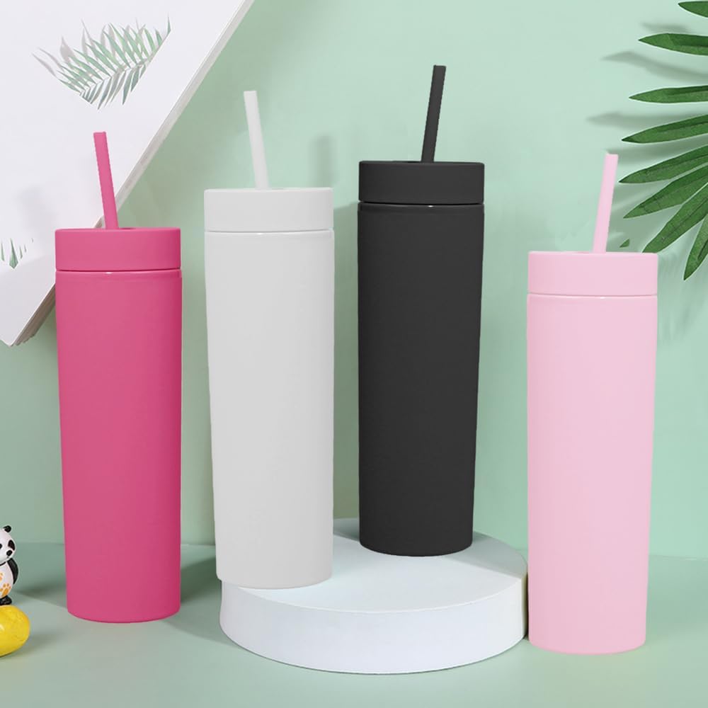 Skinny Tumblers with Lids and Straws Bulk.Matte Multi Slim Tumbler Cups with Straws.16 oz Plastic Pastel Double Walled Acrylic Skinny Tumbler Set for Smoothie Ice Coffee.Customizable DIY Gift.