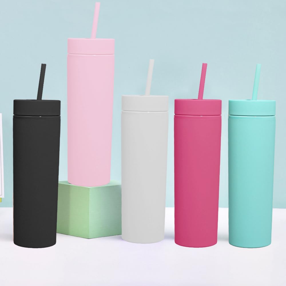 Skinny Tumblers with Lids and Straws Bulk.Matte Multi Slim Tumbler Cups with Straws.16 oz Plastic Pastel Double Walled Acrylic Skinny Tumbler Set for Smoothie Ice Coffee.Customizable DIY Gift.