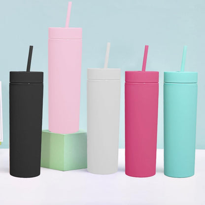 Skinny Tumblers with Lids and Straws Bulk.Matte Multi Slim Tumbler Cups with Straws.16 oz Plastic Pastel Double Walled Acrylic Skinny Tumbler Set for Smoothie Ice Coffee.Customizable DIY Gift.