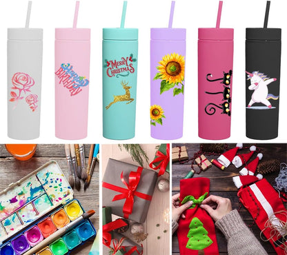 Skinny Tumblers with Lids and Straws Bulk.Matte Multi Slim Tumbler Cups with Straws.16 oz Plastic Pastel Double Walled Acrylic Skinny Tumbler Set for Smoothie Ice Coffee.Customizable DIY Gift.
