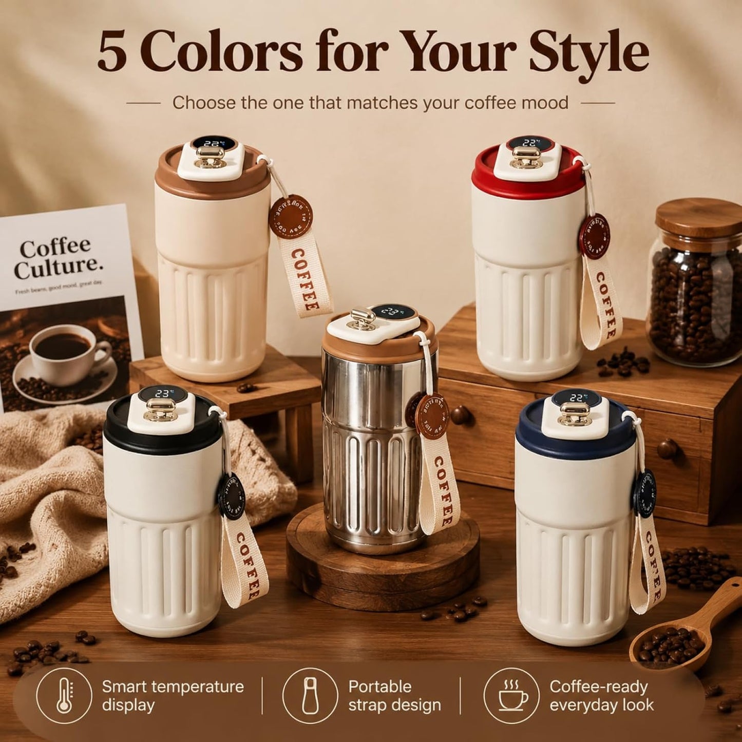 Smart Coffee Travel Mug with Temperature Display, Leak-Proof Portable Cup, 15 oz Stainless Steel Vacuum Insulated Tumbler, Touch Screen Digital Lid for Hot & Cold Drinks (Coffee Brown)