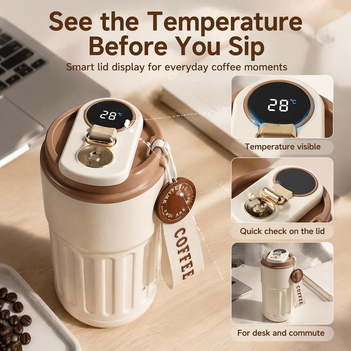 Smart Coffee Travel Mug with Temperature Display, Leak-Proof Portable Cup, 15 oz Stainless Steel Vacuum Insulated Tumbler, Touch Screen Digital Lid for Hot & Cold Drinks (Coffee Brown)