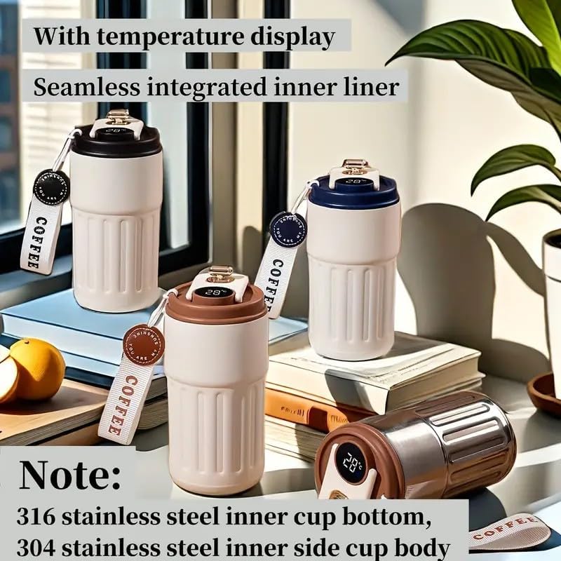 Smart Coffee Travel Mug with Temperature Display, Leak-Proof Portable Cup, 15 oz Stainless Steel Vacuum Insulated Tumbler, Touch Screen Digital Lid for Hot & Cold Drinks (Coffee Brown)