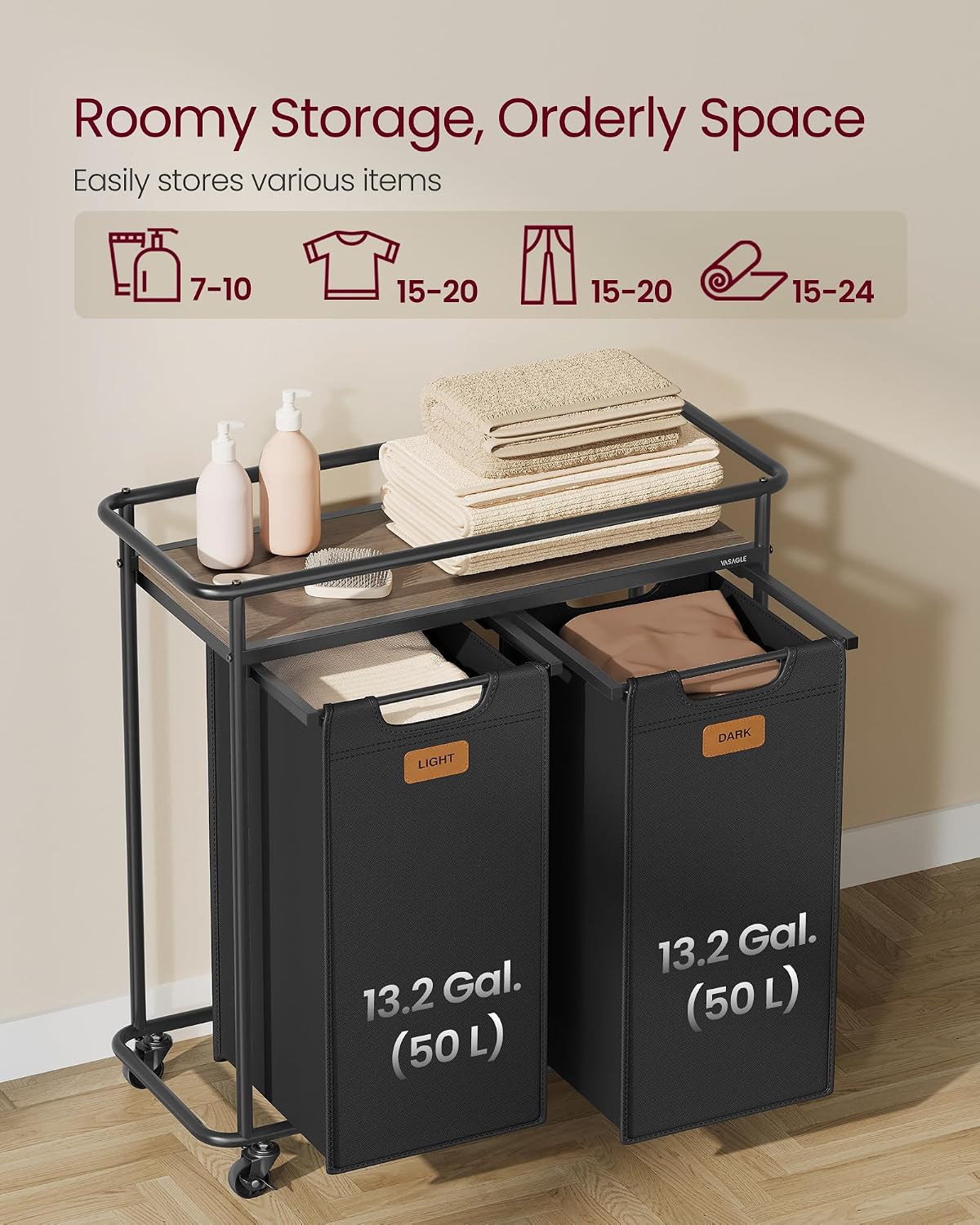 Laundry Sorter with Wheels, Portable Rolling Cart, 26.4 Gal.(100 L)