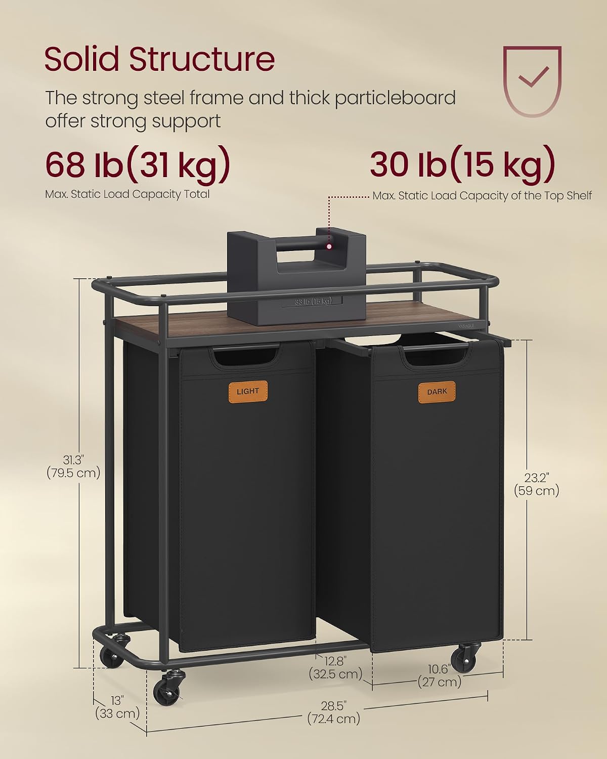 Laundry Sorter with Wheels, Portable Rolling Cart, 26.4 Gal.(100 L)