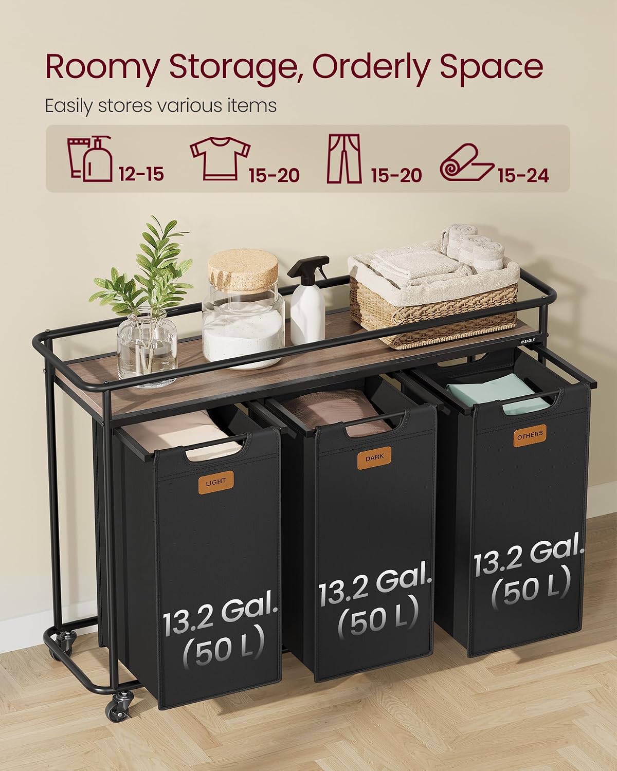 Laundry Sorter with Wheels, Portable Rolling Cart, 26.4 Gal.(100 L)
