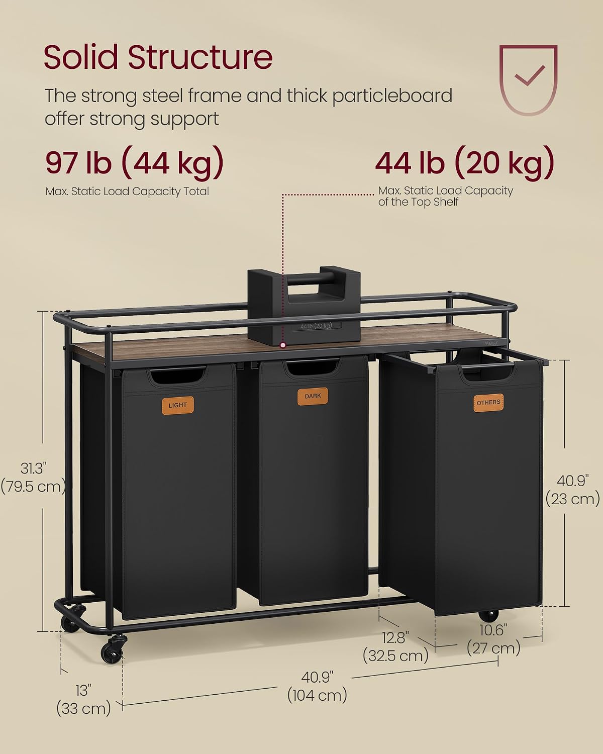 Laundry Sorter with Wheels, Portable Rolling Cart, 26.4 Gal.(100 L)