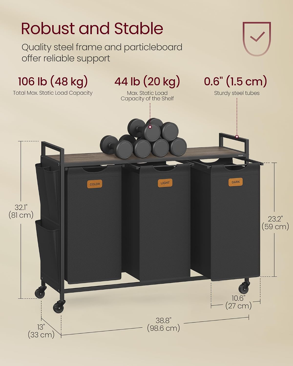 Laundry Sorter with Wheels, Portable Rolling Cart, 26.4 Gal.(100 L)