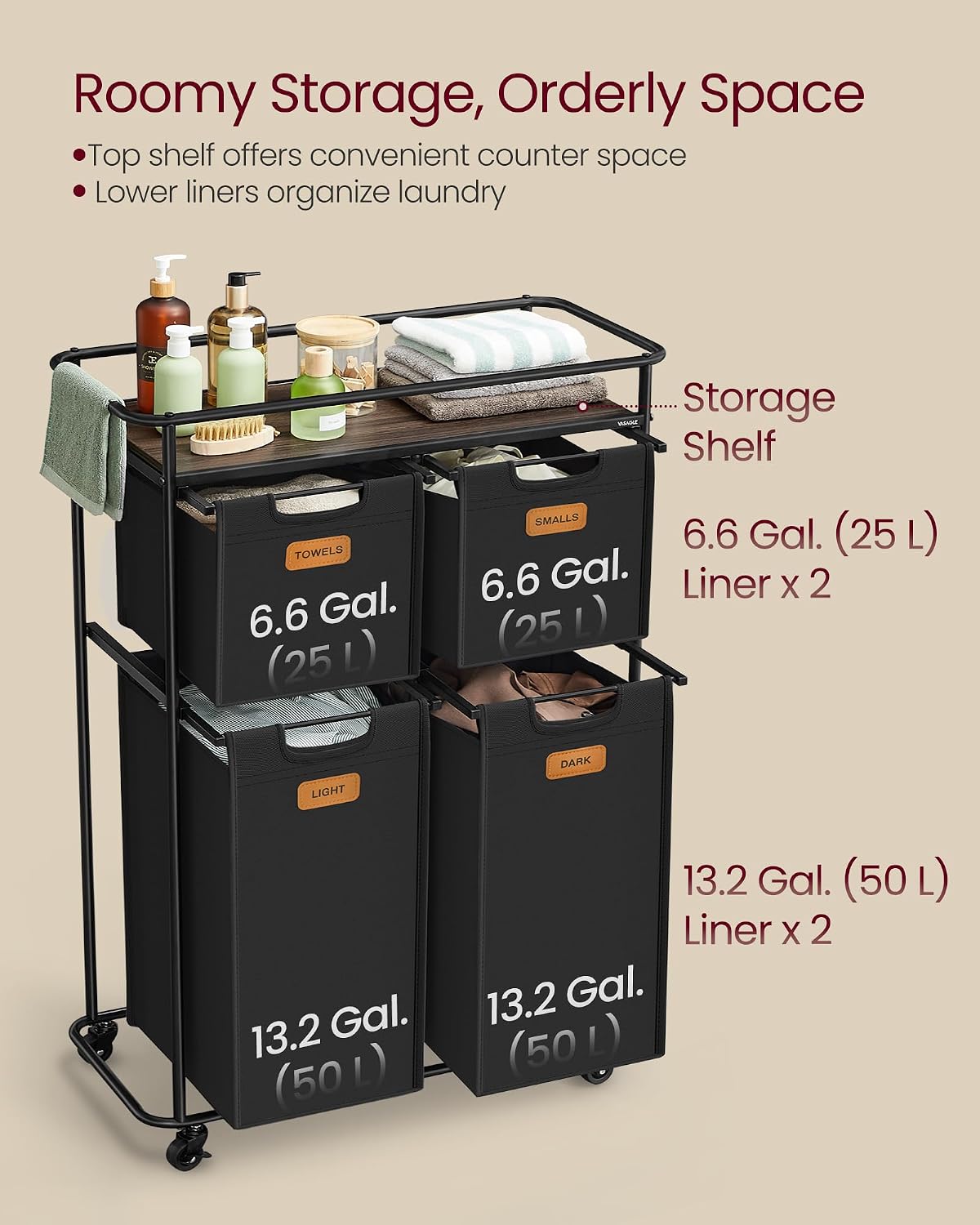 Laundry Sorter with Wheels, Portable Rolling Cart, 26.4 Gal.(100 L)